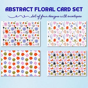 Set di biglietti floreali astratti - Set di 4 biglietti di auguri A1 con buste Kraft / Interno vuoto / Set regalo di cancelleria, ringraziamento o uso quotidiano