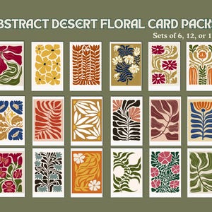 Puede incluir: Se muestran paquetes de tarjetas Abstract Desert Floral. Las tarjetas presentan diseños florales abstractos coloridos en rojo, amarillo, naranja, azul y verde. El texto dice "ABSTRACT DESERT FLORAL CARD PACKS" y "Sets of 6, 12, or 18."