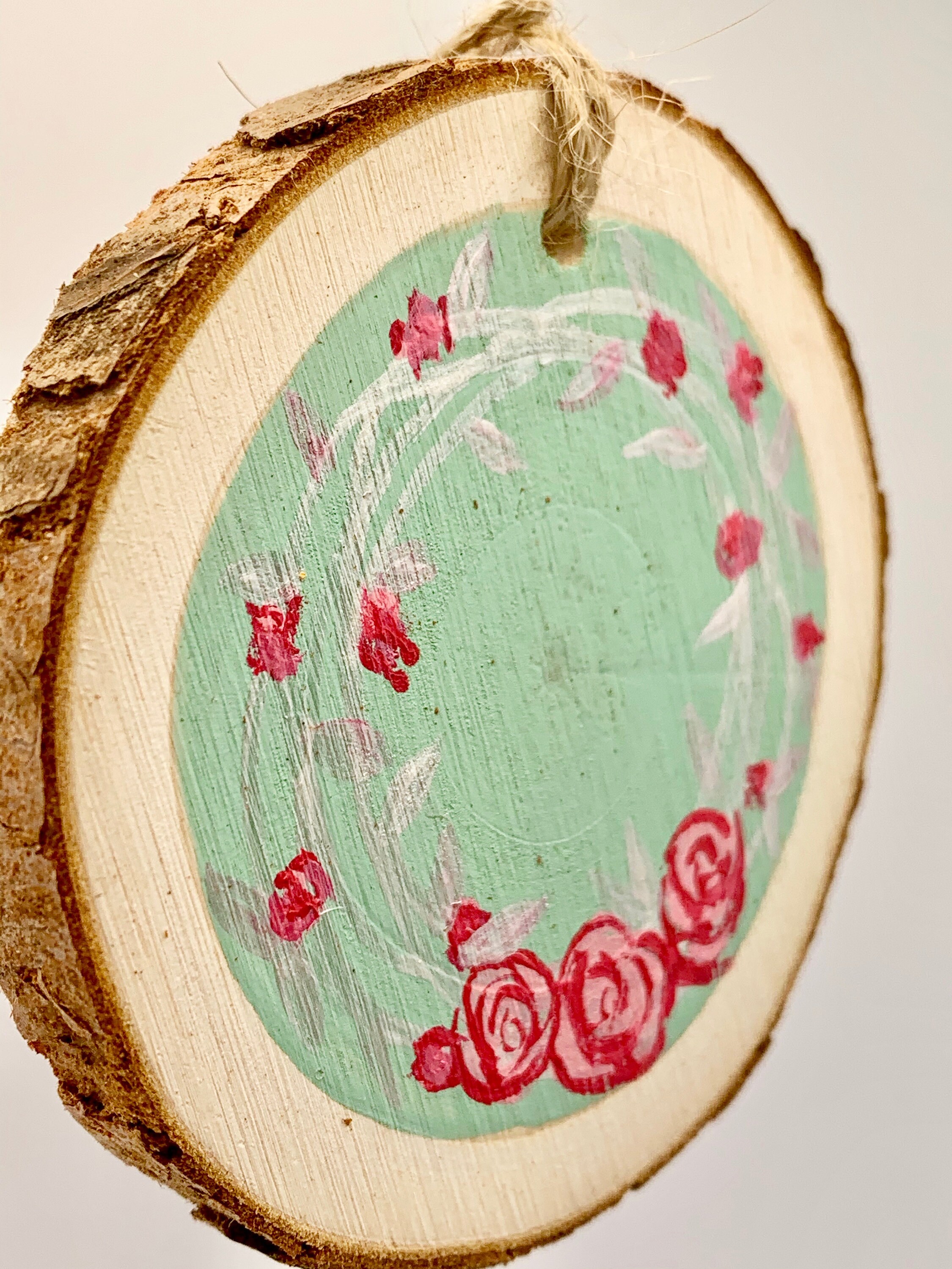 Mint Green Floral Wreath Wood Slice Ornament Etsy