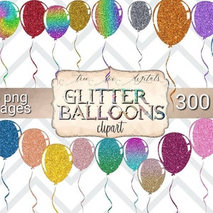 May include: 25 digital clipart images of glitter balloons in various colours, including rainbow, pink, blue, green, and silver. The balloons are 300 dpi.