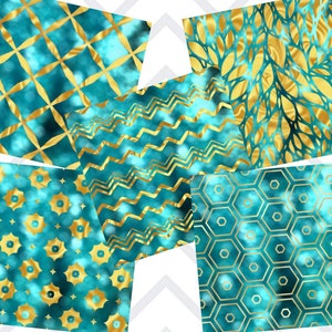 May include: Five digital paper patterns featuring a teal blue background with gold geometric designs. The patterns include a diamond pattern, a chevron pattern, a honeycomb pattern, a floral pattern, and a circular pattern.