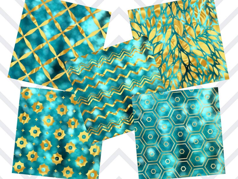 May include: Five digital paper patterns featuring a teal blue background with gold geometric designs. The patterns include a diamond pattern, a chevron pattern, a honeycomb pattern, a floral pattern, and a circular pattern.