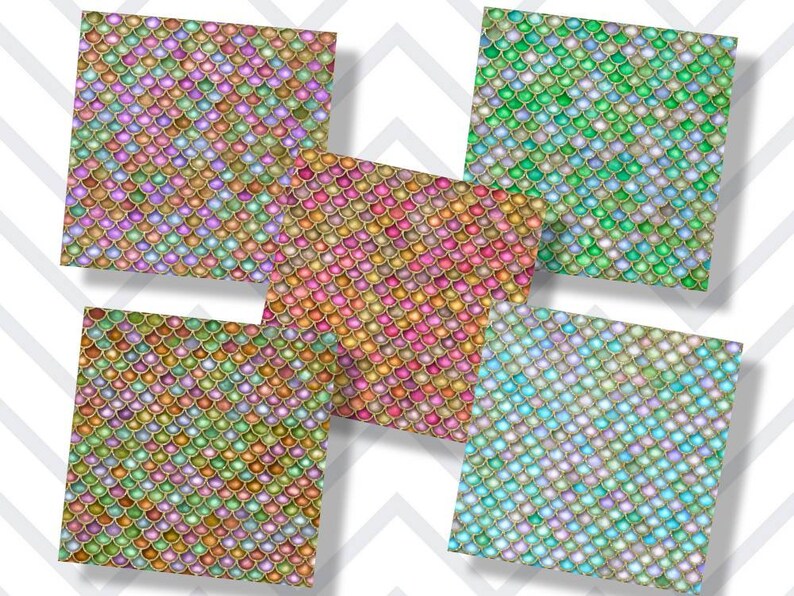 May include: Five digital paper patterns featuring a mermaid scale design in various colours, including pink, green, blue, and gold.