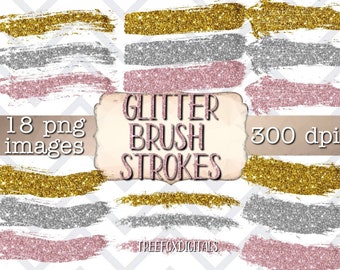 May include: 18 digital brush stroke graphics in gold, silver, and pink glitter.  The graphics are 300 dpi and are perfect for adding a touch of sparkle to your designs.