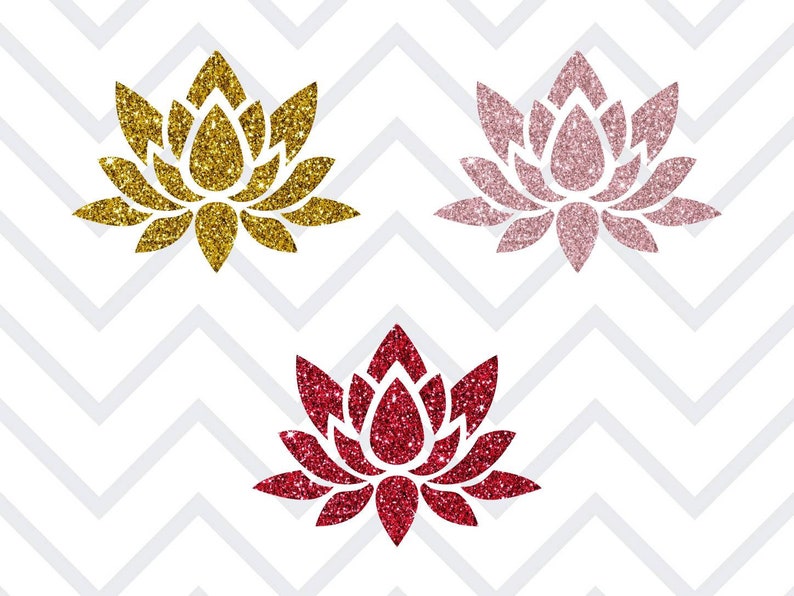 K&ouml;nnte beinhalten: Drei glitzernde Lotusblumen-Designs in Gold, Rosa und Rot. Die Blumen sind vor einem wei&szlig;en Hintergrund mit einem grauen Zickzackmuster angeordnet. Die Lotusblumen sind ein beliebtes Symbol f&uuml;r Reinheit und Erleuchtung.