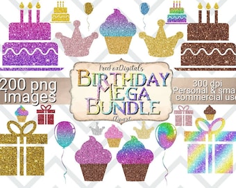 Lot de cliparts anniversaire, clipart fête d'anniversaire paillettes, clipart anniversaire à usage commercial, autocollants de planificateur numérique d'anniversaire, cliparts de fête