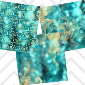 May include: Three digital paper designs featuring a teal and gold colour scheme. The first design is a repeating pattern of gold quatrefoils on a teal background. The second design is a swirling marble pattern with teal and gold colours. The third design is a teal and gold marble pattern with a blurred effect.