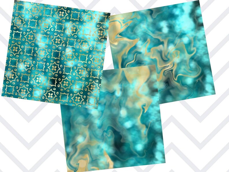 May include: Three digital paper designs featuring a teal and gold colour scheme. The first design is a repeating pattern of gold quatrefoils on a teal background. The second design is a swirling marble pattern with teal and gold colours. The third design is a teal and gold marble pattern with a blurred effect.