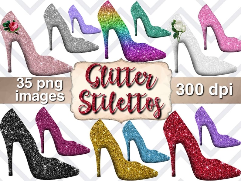 Puede incluir: 35 im&aacute;genes digitales de tacones de aguja con purpurina en varios colores, incluyendo rosa, plata, azul verdoso, arco&iacute;ris, dorado, rojo y morado. Las im&aacute;genes son de 300 dpi. "Glitter Stilettos" est&aacute; escrito en rojo sobre un fondo blanco.