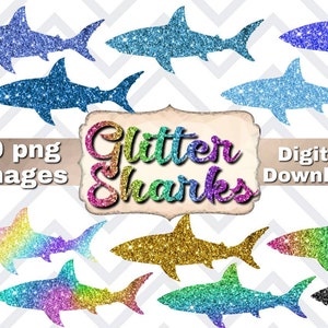 Glitter sharks clipart digital stickers, glitter sharks digital stickers clipart, 30 shark png images for personal and small commercial use