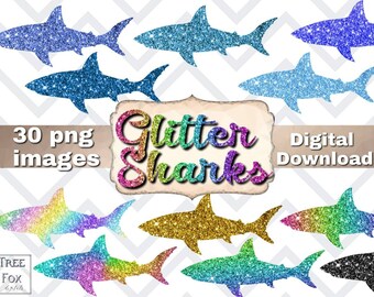 Glitterhajar clipart digitala klistermärken, glitterhajar digitala klistermärken clipart, 30 haj png-bilder för personligt och litet kommersiellt bruk