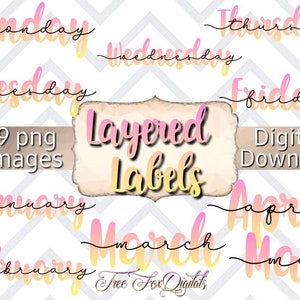 Digital planner stickers pink & yellow gradient with black layered text, calendar labels - months of the year and days of the week, 19 pngs