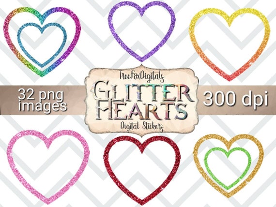 Glitter Heart Frames Clipart Digital Planner Stickers, Ombre