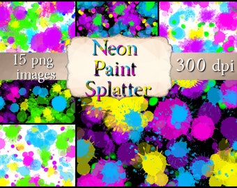 Neon paint splatter digital paper