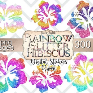 Hibiscus clipart, glitter rainbow hibiscus digital stickers, Hawaiian flower clipart, glitter hibiscus clipart, hibiscus planner clipart set