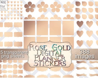 May include: Rose gold digital planner stickers in various shapes, including flowers, hearts, and banners. The image includes the text "Rose Gold Digital Planner Stickers" and "388 images". There are 15 transparent PNG sheets.