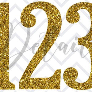 Op de afbeelding: Gouden glittercijfers 123 op een witte achtergrond met een chevron-patroon.