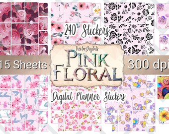 Digital planner stickers pink floral, stickers for digital planners, flower digital stickers,  pink digital stickers, planner clipart pink