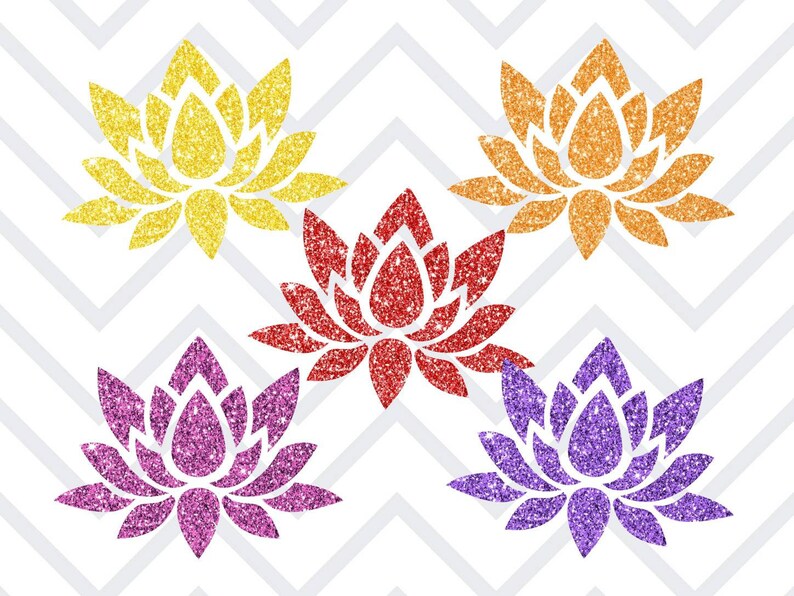 K&ouml;nnte beinhalten: F&uuml;nf glitzernde Lotusblumen-Designs in Gelb, Orange, Rot, Lila und Pink. Die Blumen sind vor einem wei&szlig;en Hintergrund mit einem grauen Zickzackmuster angeordnet. Die Lotusblumen sind ein beliebtes Designelement.
