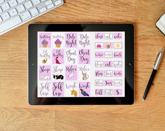 May include: A digital tablet screen displaying a set of 24 pink and white printable planner stickers with various icons and text, including "Birthday", "Date Night", "Cheat Day", "Sleep", "Eat", "Wake", "Self Care", "Work", "Mon", "Tues", "Weds", "Bill", and "$".