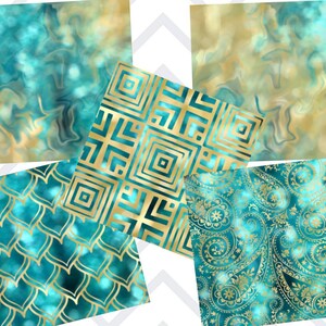 May include: Five digital paper patterns featuring teal and gold colours. The patterns include a marbleised design, a paisley pattern, a geometric pattern, and two different scale patterns.