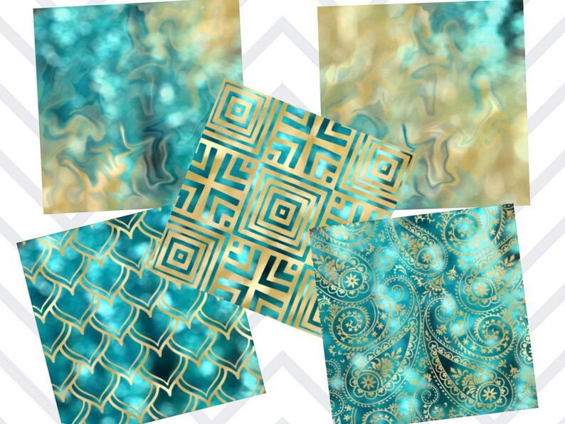 May include: Five digital paper patterns featuring teal and gold colours. The patterns include a marbleised design, a paisley pattern, a geometric pattern, and two different scale patterns.