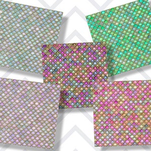 May include: Six digital paper patterns featuring iridescent mermaid scales in various colours, including pink, green, blue, and purple.