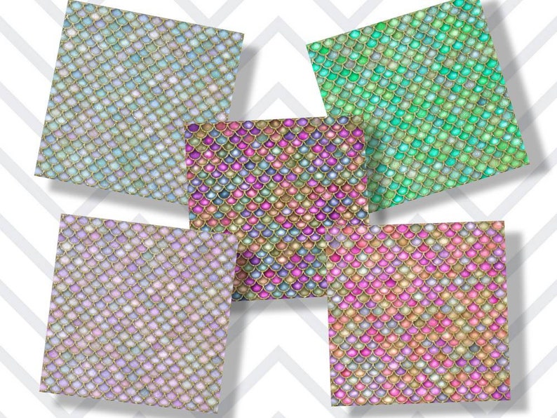 May include: Six digital paper patterns featuring iridescent mermaid scales in various colours, including pink, green, blue, and purple.