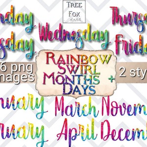 Digital stickers rainbow months days, rainbow swirl planner stickers, digital planner stickers rainbow months days, planner clipart days