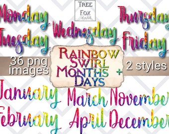 May include: Rainbow swirl design clipart of the days of the week and months of the year. There are 36 PNG images in two styles. The text "Rainbow Swirl Months + Days" is in a brown rectangle.
