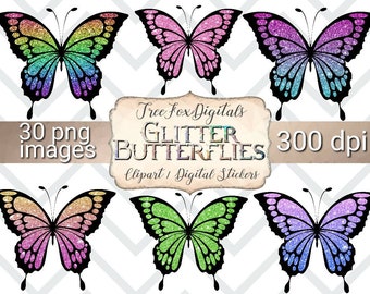 May include: Set of 30 digital images of glitter butterflies in various colors, including pink, green, purple, and blue. The butterflies are 300 dpi and are perfect for crafting projects, scrapbooking, and digital design.