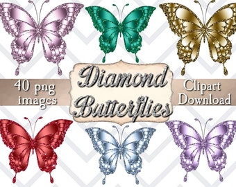 Diamond glitter butterflies clipart digital stickers, 40 png images of metallic glitter butterflies that shine like diamonds, commercial use