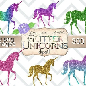 Glitter Unicorn Clipart, glitter unicorn stickers, unicorn digitale planner stickers, illustraties voor commercieel gebruik, Goodnotes unicorn stickers