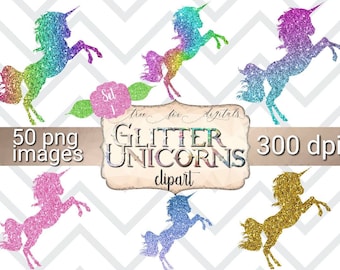 May include: A collection of glitter unicorn clipart images in various colors, including rainbow, pink, blue, and gold. The image includes the text "Glitter Unicorns clipart" and "50 png images 300 dpi". The unicorns are set against a white and gray chevron background.