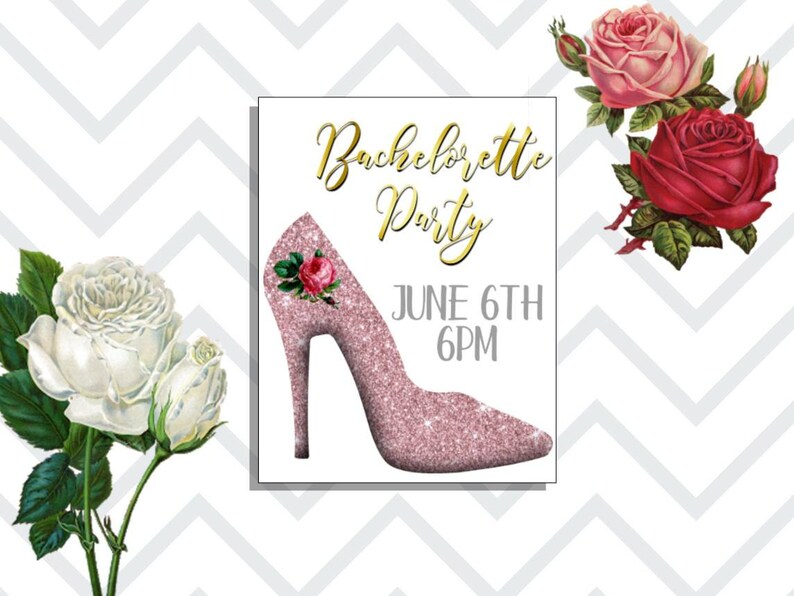 Puede incluir: Un zapato de tac&oacute;n alto de color rosa con purpurina y una rosa en el lateral. El texto "Bachelorette Party" est&aacute; en escritura dorada. La fecha "June 6th" y la hora "6PM" tambi&eacute;n est&aacute;n en texto dorado.