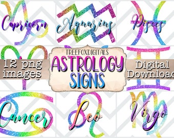 May include: Twelve digital images of glitter zodiac signs in rainbow colors. The signs are: Capricorn, Aquarius, Pisces, Aries, Taurus, Gemini, Cancer, Leo, Virgo, Libra, Scorpio, and Sagittarius. The text "ASTROLOGY SIGNS" is in the center of the image.