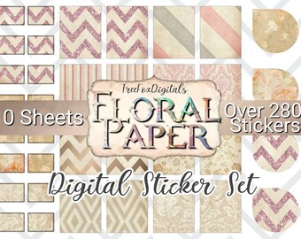 May include: Digital sticker set with over 280 stickers. The set includes 10 sheets of floral patterned paper with pink, beige, and gray colors. The paper features various patterns, including chevron, stripes, and floral designs.