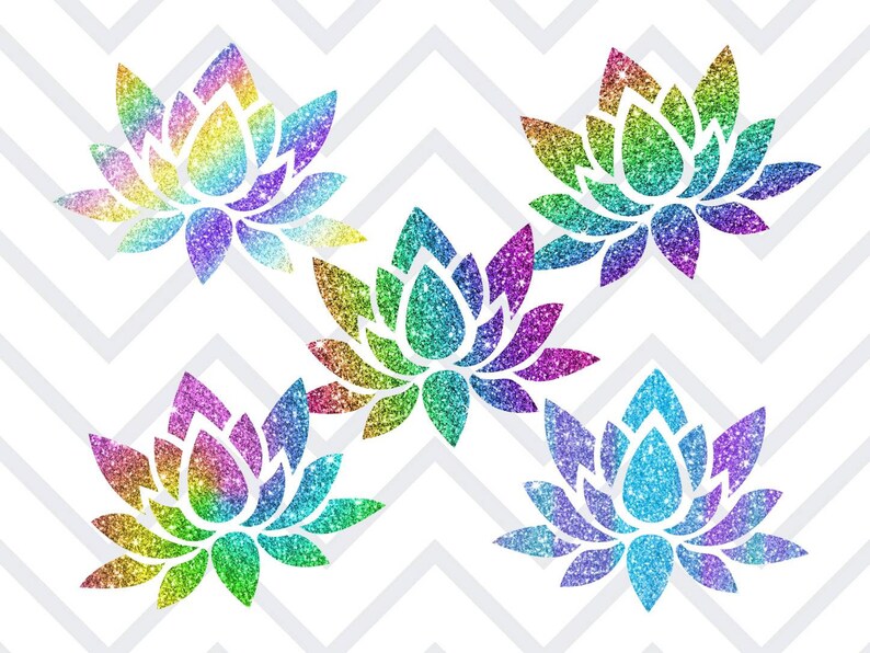 K&ouml;nnte beinhalten: F&uuml;nf glitzernde Lotusblumen-Designs in Regenbogenfarben, darunter Blau-, Gr&uuml;n-, Gelb- und Lilat&ouml;ne. Die Blumen sind vor einem wei&szlig;en Hintergrund mit einem grauen Zickzackmuster angeordnet.