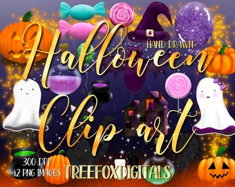 Digital Download Halloween Clipart, cute hand drawn Halloween Clipart, 42 png images, high quality, 300 dpi