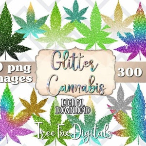 Glitter Cannabis clipart, Glitter marihuana clipart, glitter pot blad digitale stickers, 20 glitter sativa png-afbeeldingen