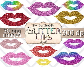 May include: 30 digital images of glitter lips in various colors, including red, pink, gold, purple, and rainbow. The images are 300 dpi and are perfect for crafting projects, scrapbooking, and digital design.