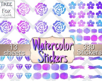 May include: Watercolor stickers in shades of purple and blue, featuring roses, flowers, diamonds, banners, and frames. The text "Watercolor Stickers" and "330 Stickers" are visible on the image. There are 13 sheets of stickers.