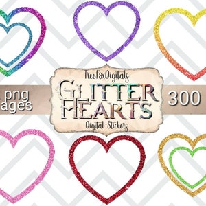 May include: Set of 32 digital glitter heart stickers in various colours, including rainbow, purple, pink, red, gold, and green. The stickers are 300 dpi and perfect for adding a touch of sparkle to your crafts.