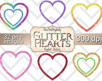 May include: Set of 32 digital glitter heart stickers in various colors, including rainbow, purple, pink, red, gold, and green. The stickers are 300 dpi and perfect for adding a touch of sparkle to your crafts.