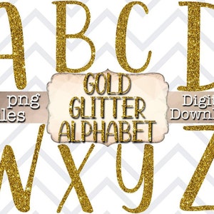 Digital Download Gold glitter alphabet clipart, gold glitter letters alphabet digital planner stickers, gold glitter letter clip art