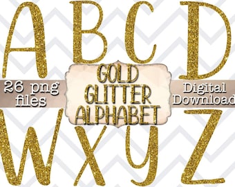 May include: Gold glitter alphabet letters A through Z. 26 PNG files. Digital download.