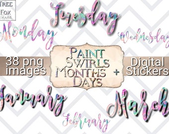 Digital planner stickers months days paint swirl Goodnotes,  paint swirl digital planner stickers calendar months days Goodnotes stickers