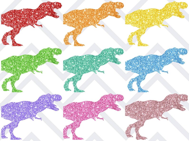 May include: A set of nine glitter dinosaur silhouettes in various colours, including red, orange, yellow, green, blue, light blue, purple, pink, and rose gold. The dinosaurs are all facing right and have a simple, cartoon-like design.
