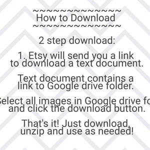 May include: Text-based instructions on how to download digital files from Etsy. The instructions explain that Etsy will send a link to a text document, which contains a link to a Google Drive folder. The user is instructed to select all images in the Google Drive folder and click the download button.