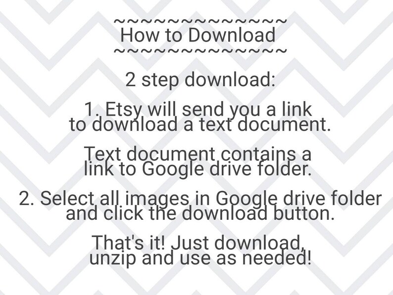 May include: Text-based instructions on how to download digital files from Etsy. The instructions explain that Etsy will send a link to a text document, which contains a link to a Google Drive folder. The user is instructed to select all images in the Google Drive folder and click the download button.